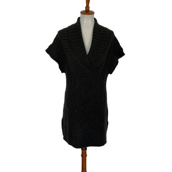 Guinevere Gray Cable Knit Short Sleeve Sweater Dress Shawl Collar Boho Medium - Picture 1 of 4